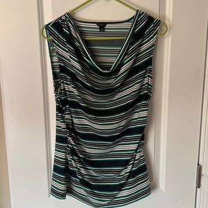 Ann Taylor Navy, green and off white stripped swoop neck sleeveless shirt